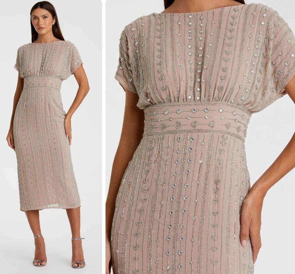 Mac Duggal 93649 Beaded Size 8 Midi Dress Beige Empire Waist Cap Sleeves NWT